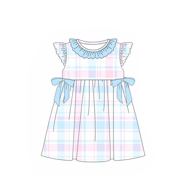 preorder GSD1527 colorful checkered blue bows flutter sleeve girls dress