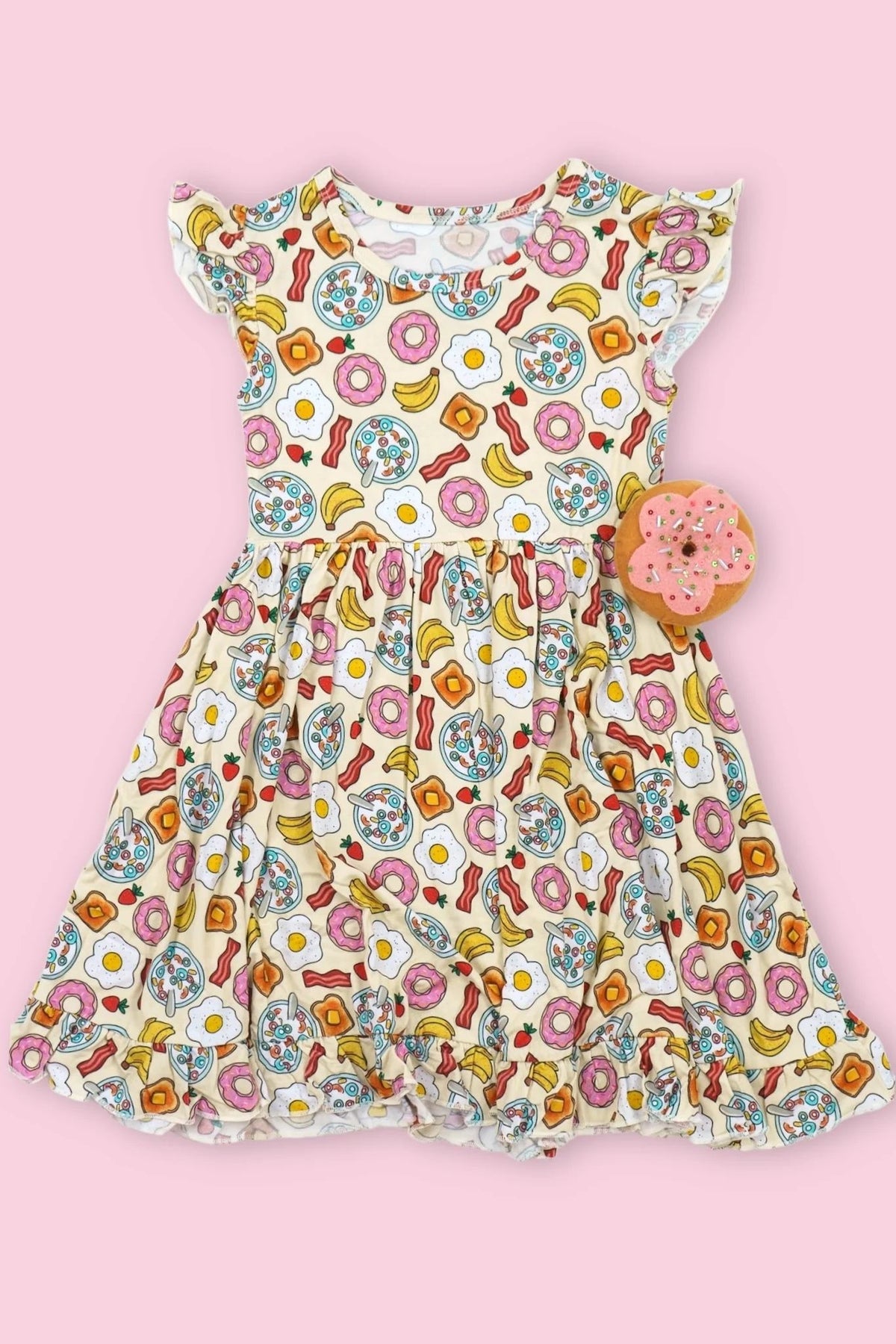 Preorder GSD1541 breakfast donuts banana flutter sleeve girls dress