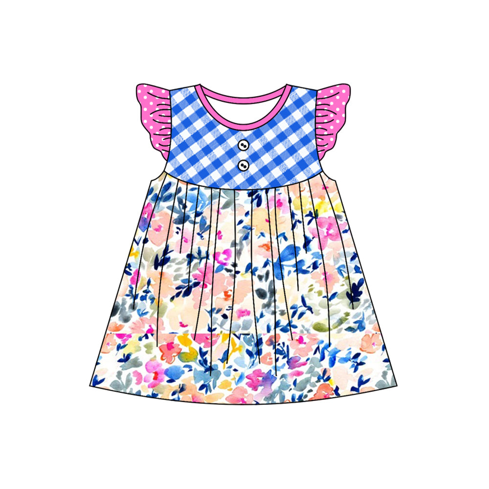 Preorder GSD1545 colorful flowers blue checkered flutter sleeve girls dress