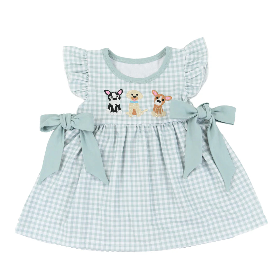 Preorder GSD1556 cute dog green bows flutter sleeve girls dress