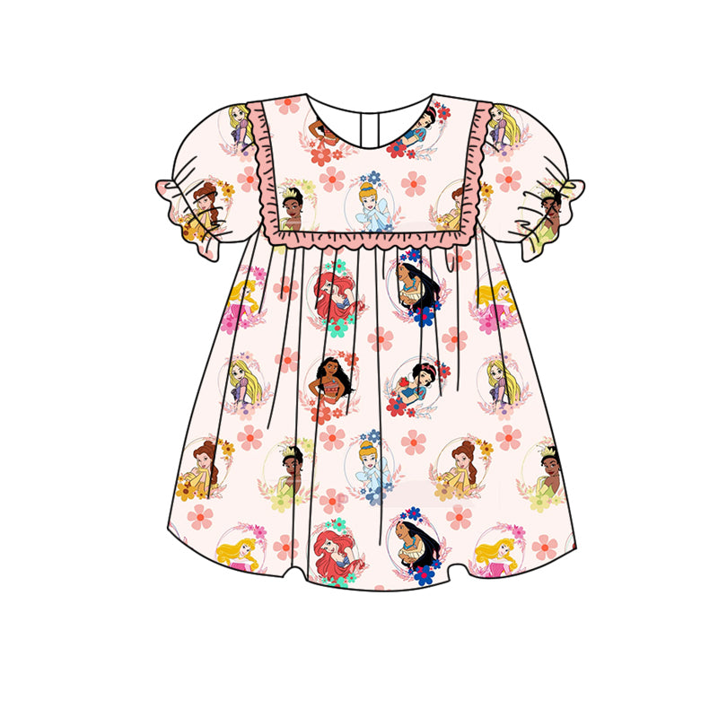 Preorder GSD1557 cartoon princess flowers pink ruffles short sleeve girls dress