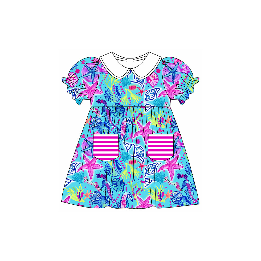 Preorder GSD1561 starfish shell blue hot pink pockets short sleeve girls dress