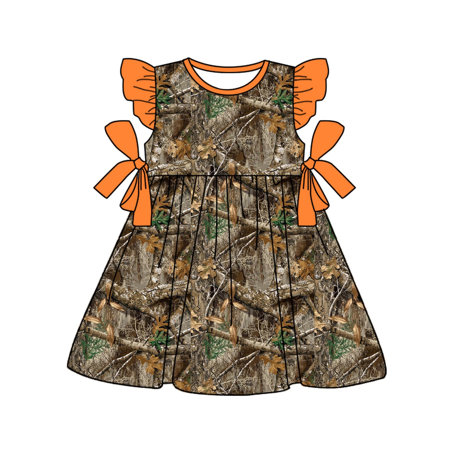 Preorder GSD1567 hunting branch orange bows flutter sleeve girls dress