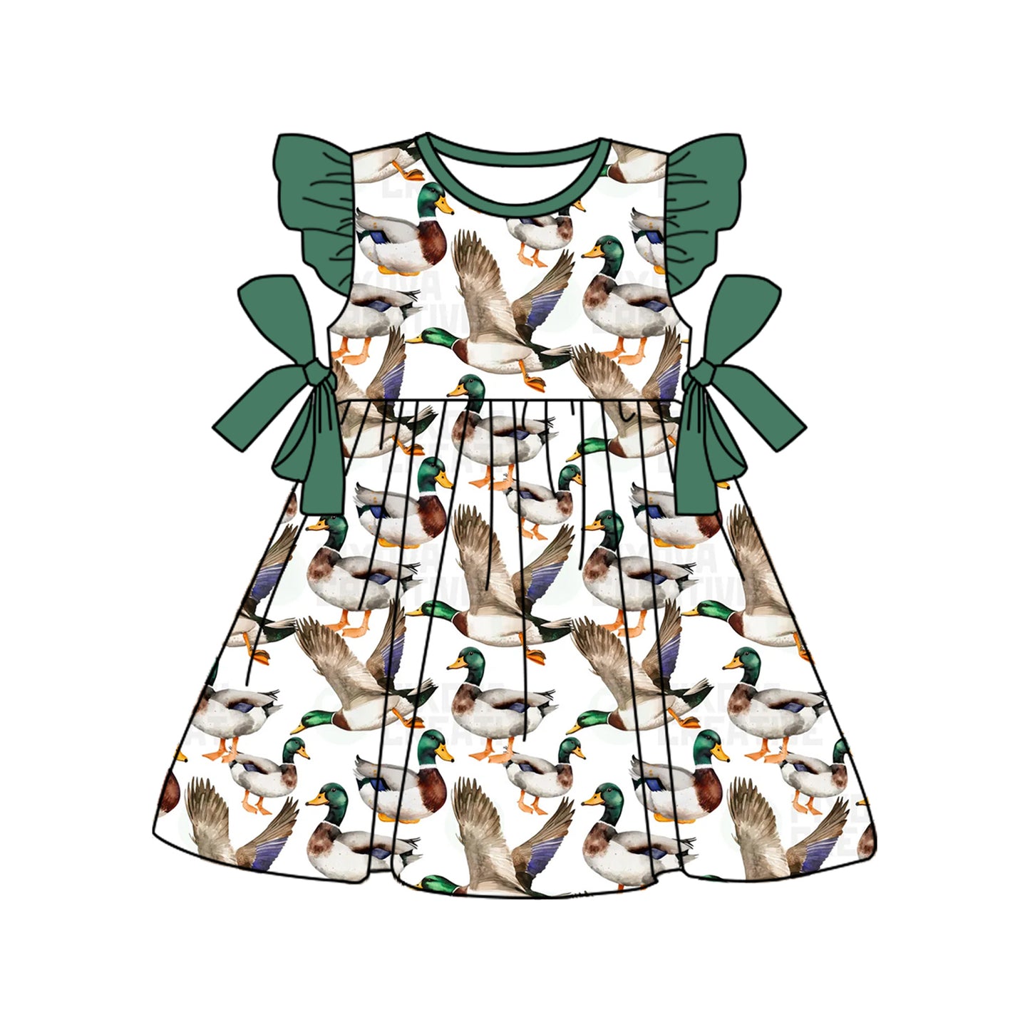 Preorder GSD1568 hunting mallard duck green bows flutter sleeve girls dress