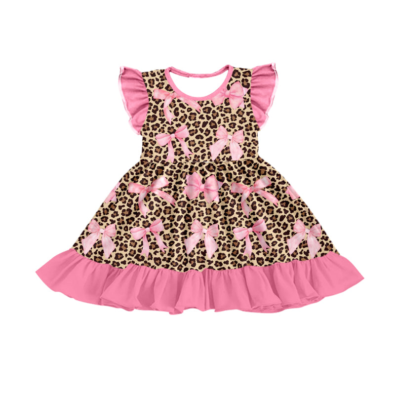 Preorder GSD1569 leopard pink bows flutter sleeve girls dress