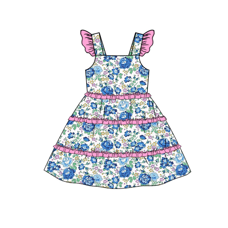 Preorder GSD1574 blue flowers pink ruffles flutter sleeve girls dress