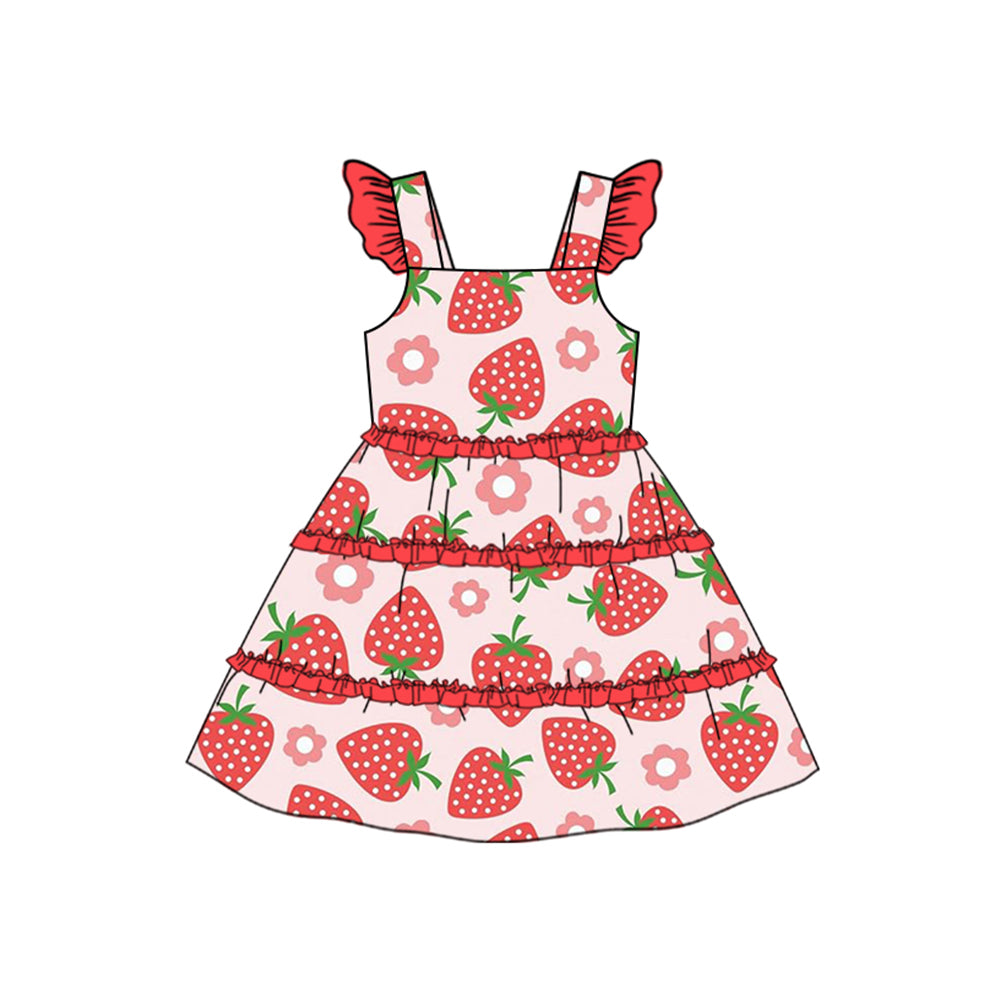 Preorder GSD1577 cute strawberry flowers red flutter sleeve girls dress
