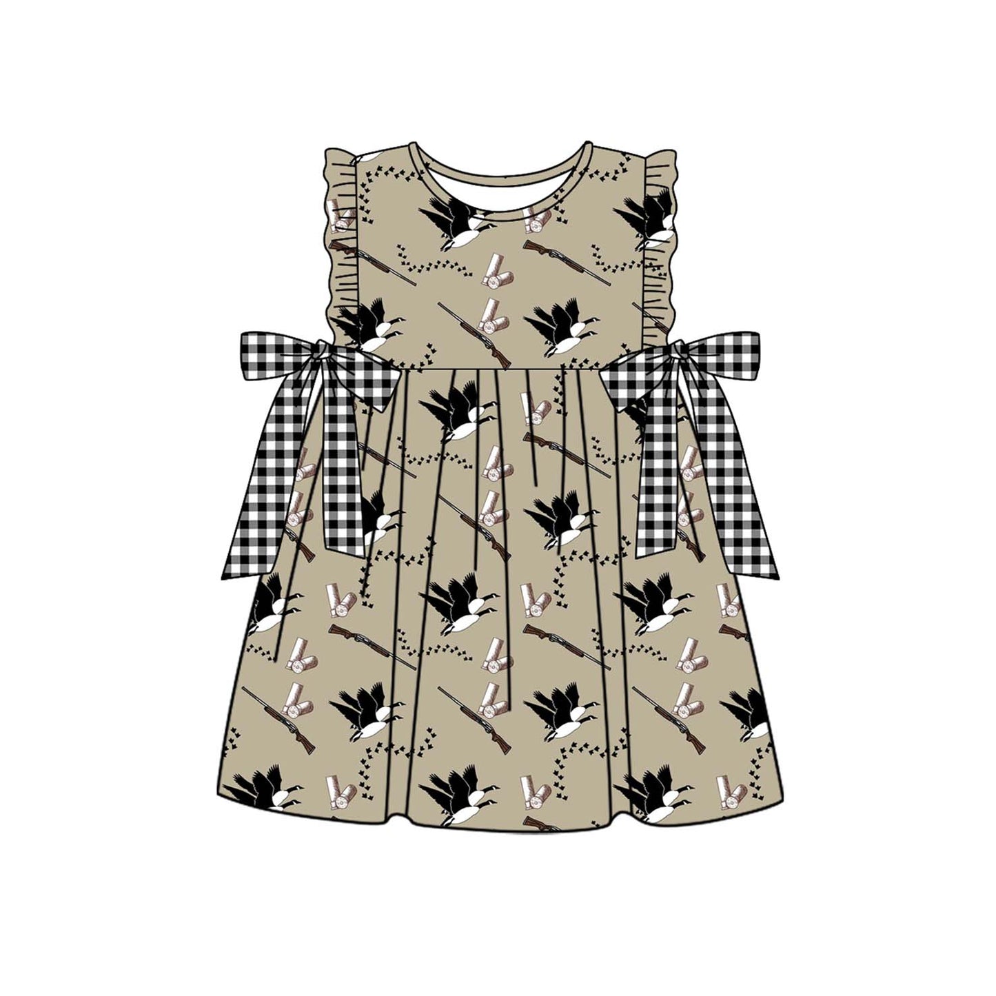 Preorder GSD1589 hunting mallard duck brown bows flutter sleeve girls dress
