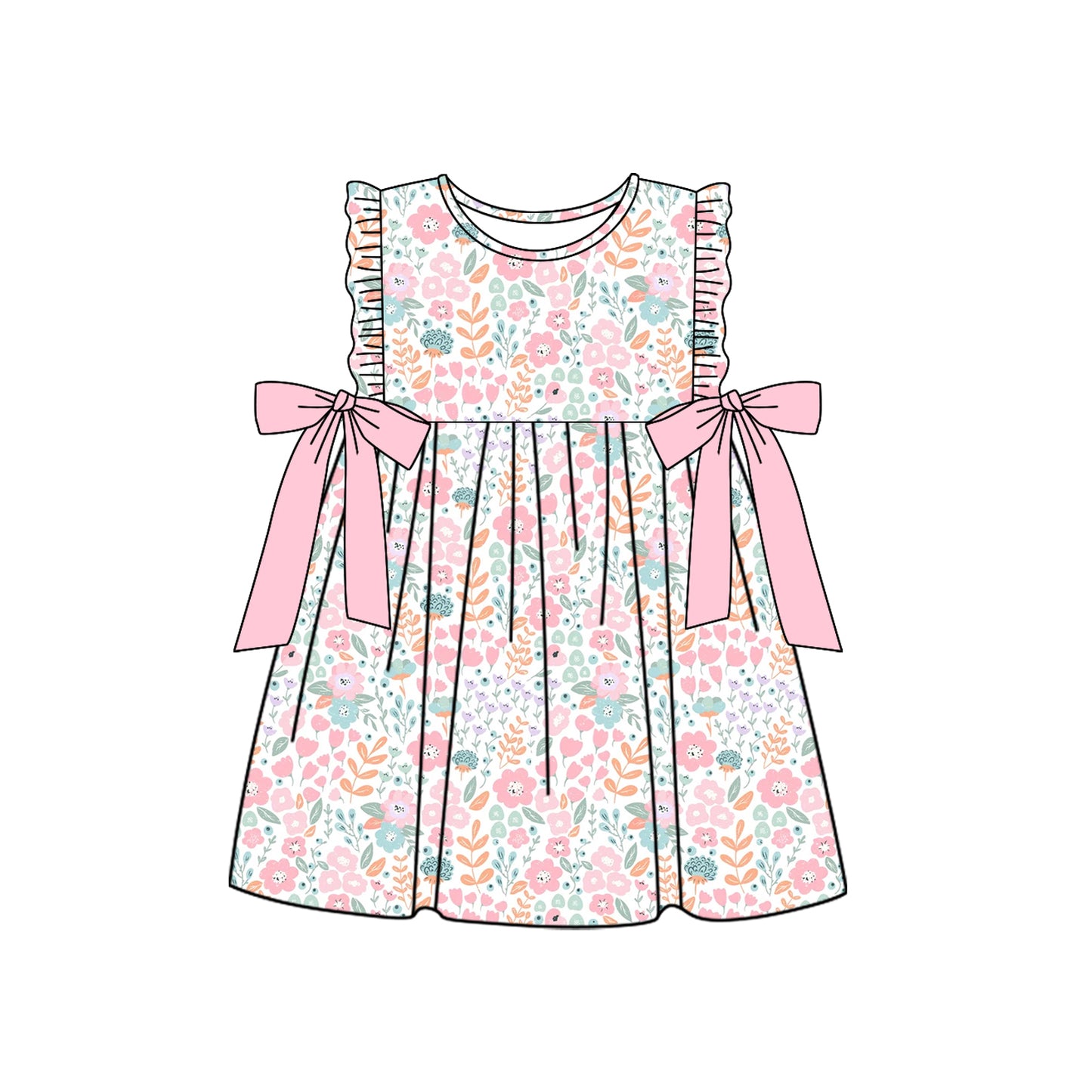Preorder GSD1591 colorful flowers pink bows flutter sleeve girls dress