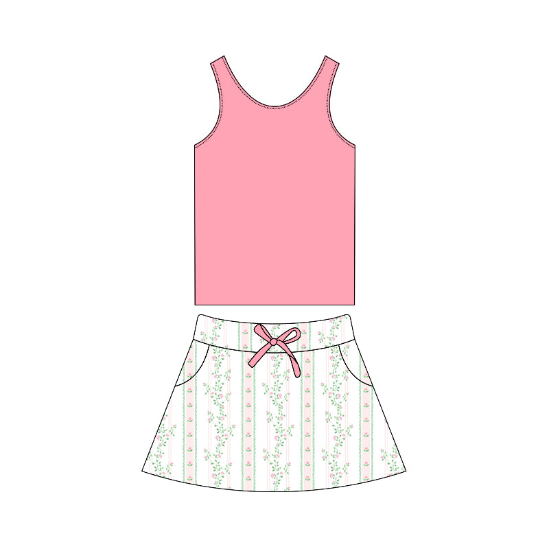 Preorder GSD1596 pink sleeveless pink flowers skirt girls dress set