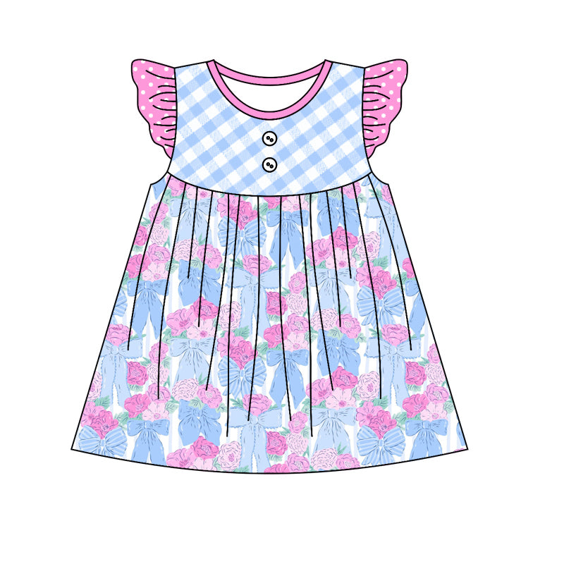 preorder GSD1606 hot pink flowers blue bows flutter sleeve girls dress