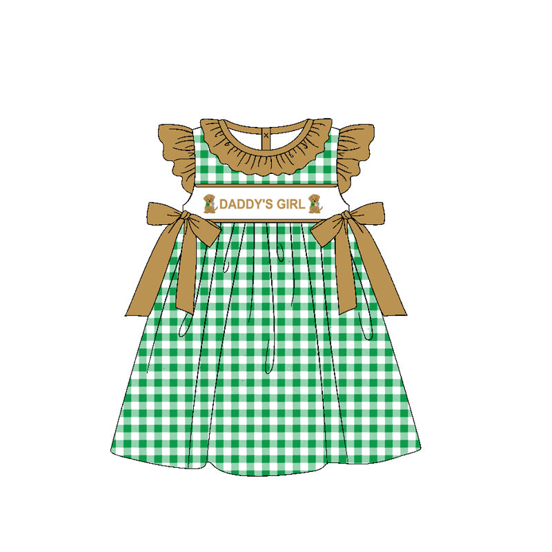 preorder GSD1608 hunting daddy's girl dog green checkered bows flutter sleeve girls dress