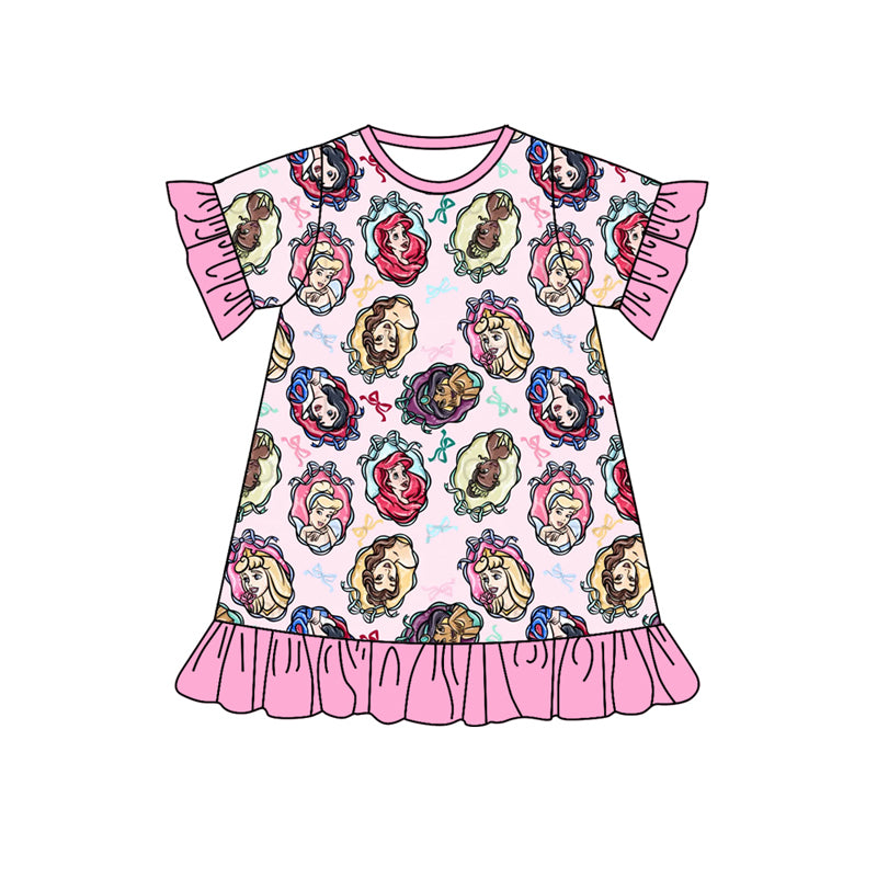 preorder GSD1613 cartoon princess pink bows short sleeve girls dress