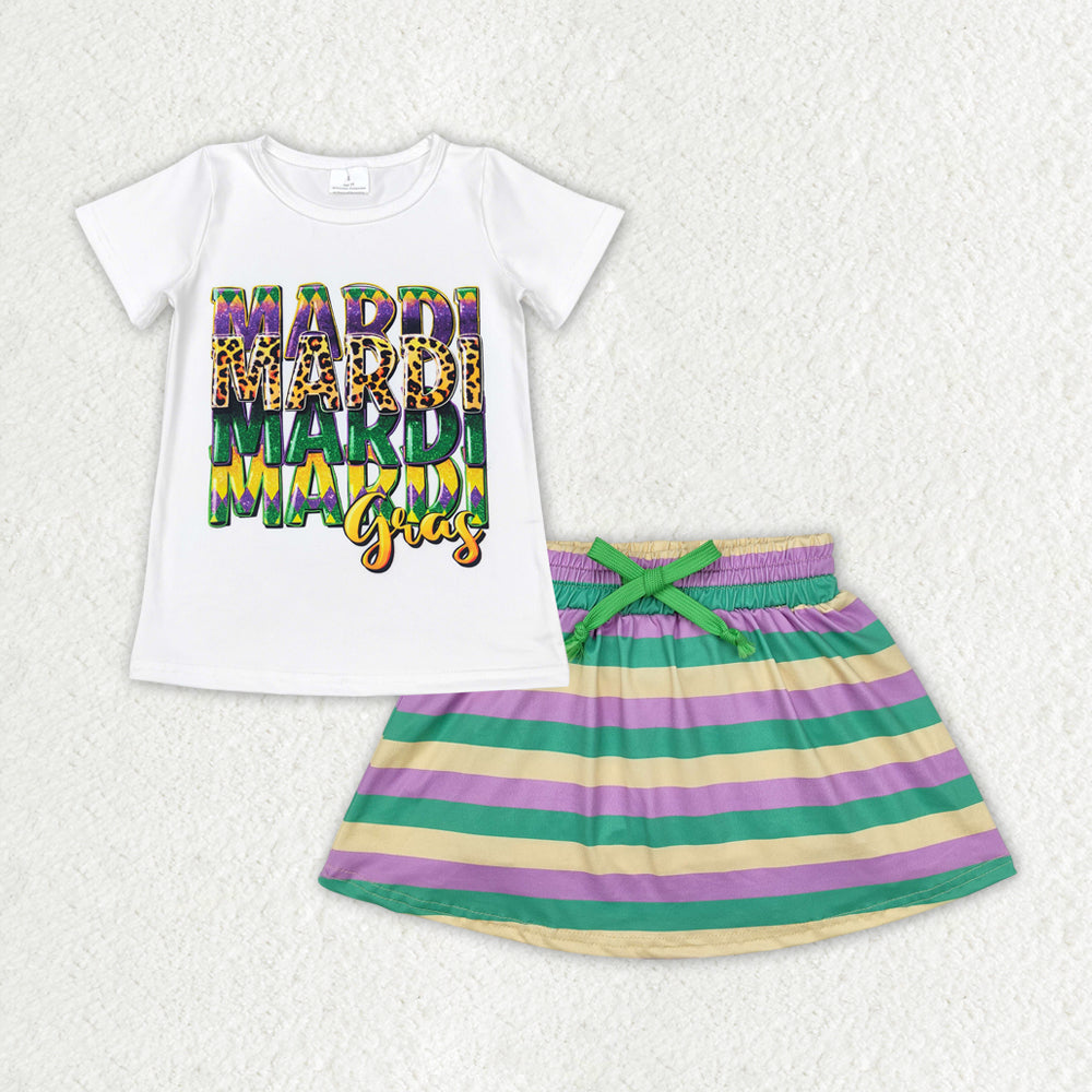 GSD1628 Mardi Gras short sleeve purple yellow green striped skirt with shorts girls set yoga active wear