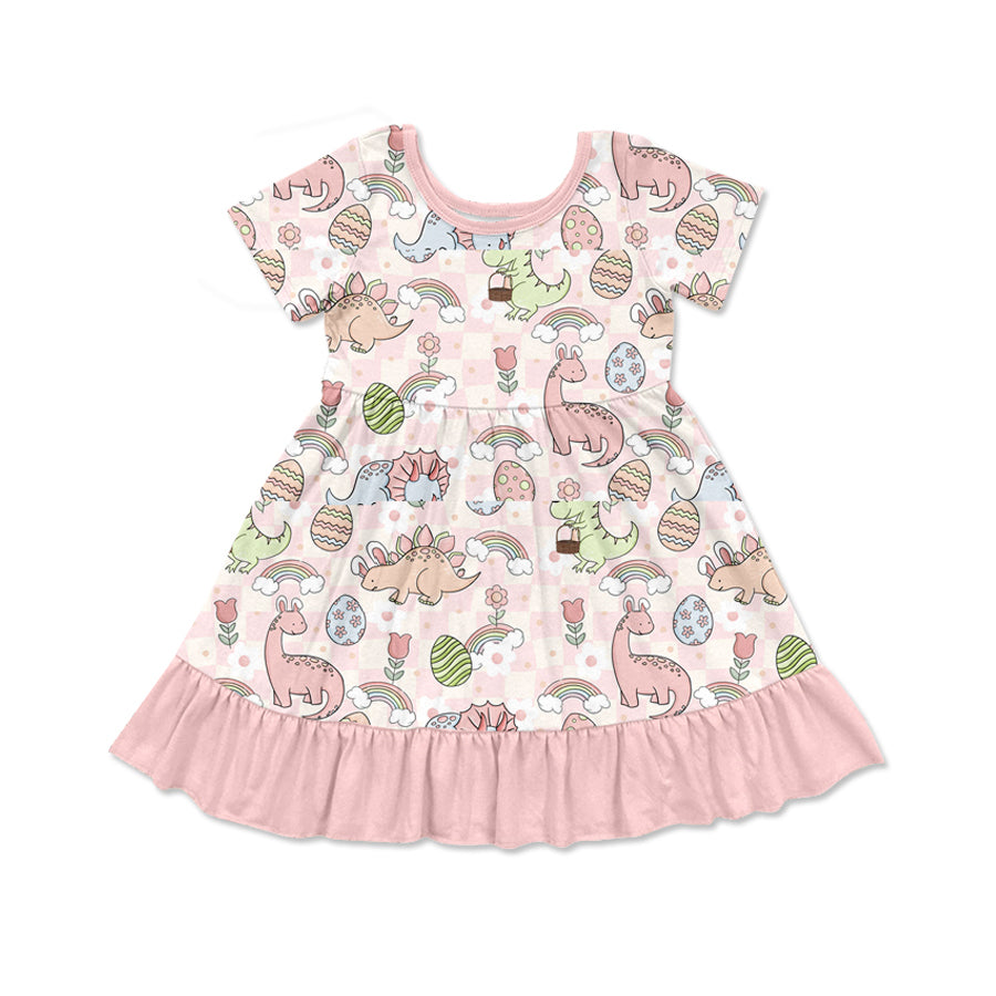 preorder GSD1631 Easter egg dinosaur rainbow pink short sleeve girls dress