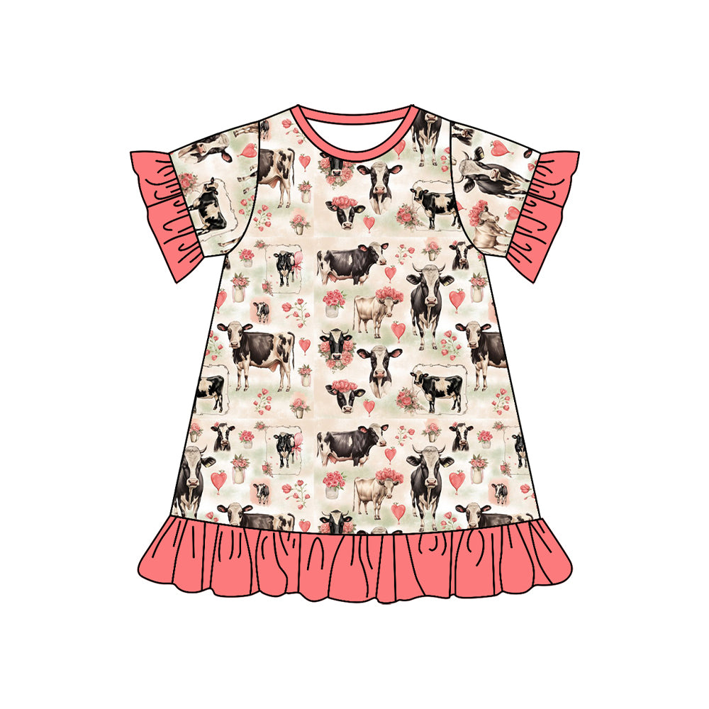 preorder GSD1639 Farm cow flowers pink short sleeve girls dress