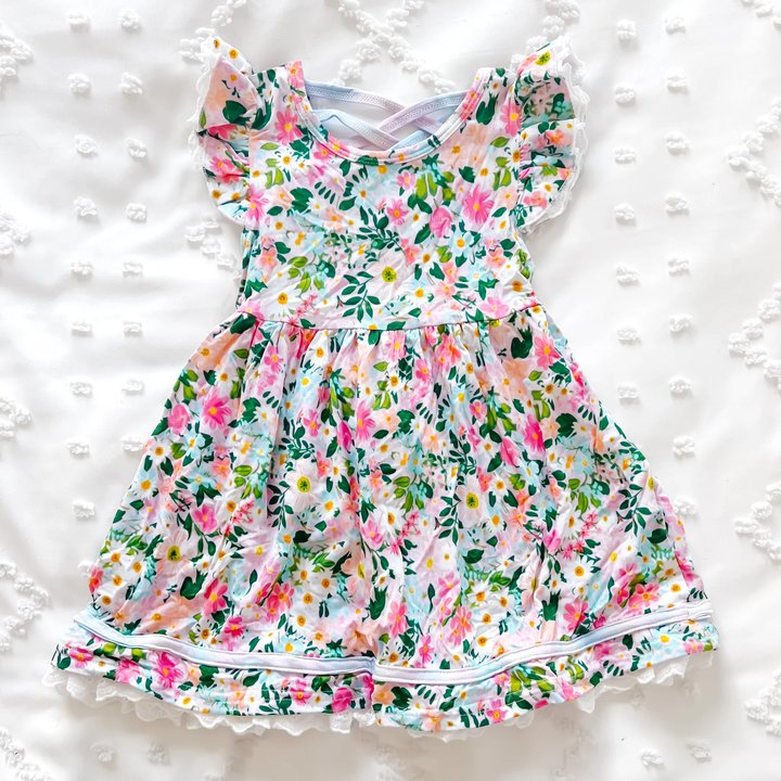 preorder GSD1659 Colorful Flowers Flutter Sleeve Girls Floral Dress