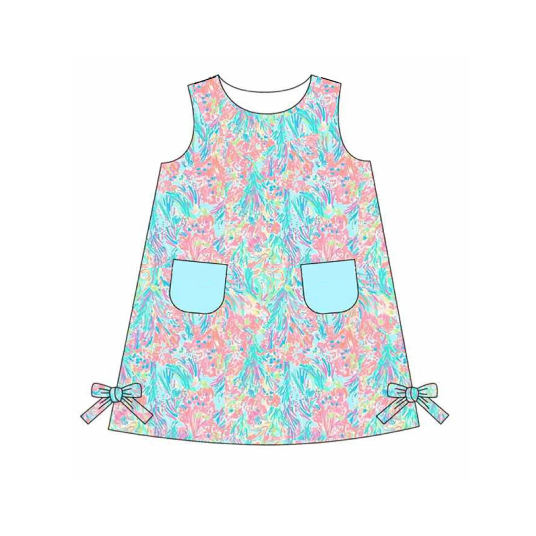 preorder GSD1686 Blue Pink Flowers Pocktes Sleeveless Girls Dress