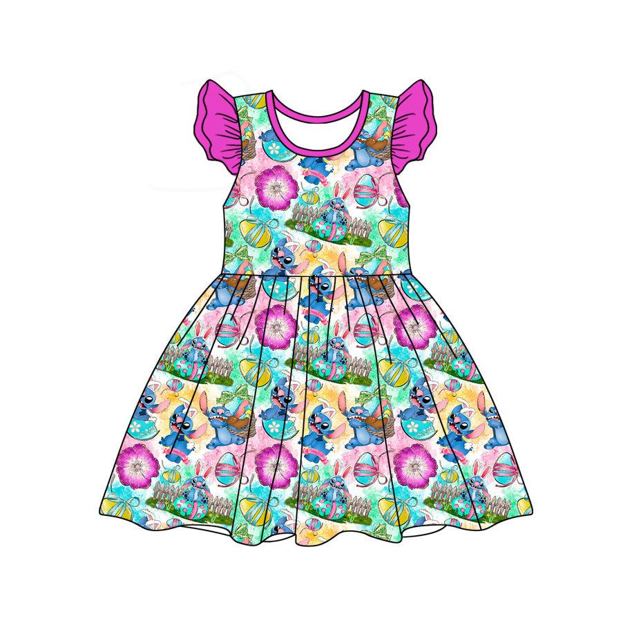 preorder GSD1691 Easter Egg Animals Mouse Flowers Hot Pink Flutter Sleeve Girls Dress