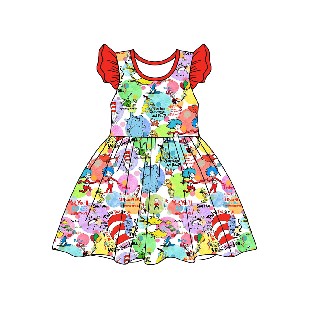 preorder GSD1704 Cartoon Dr Elephant Red Flutter Sleeve Girls Dress