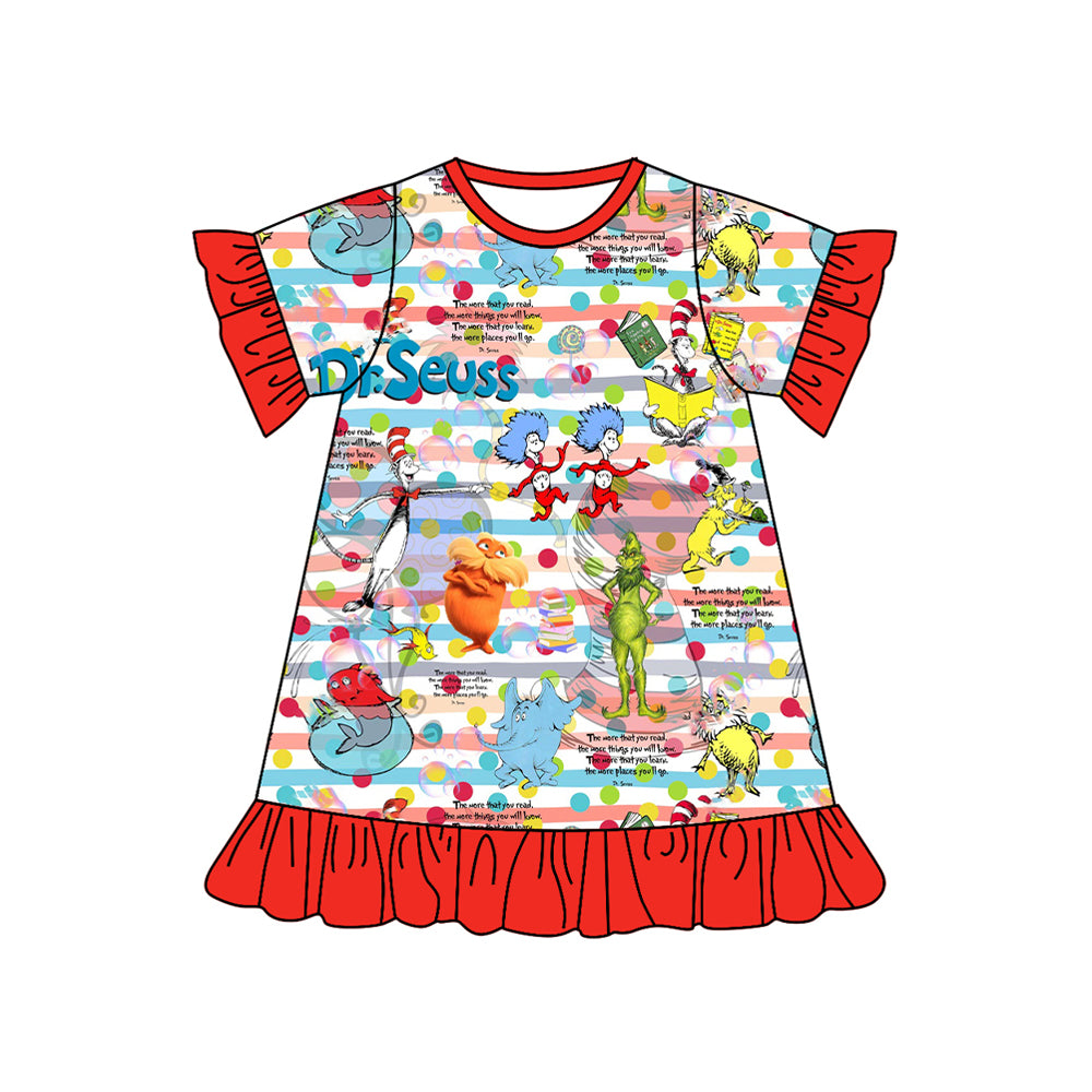preorder GSD1705 Cartoon Dr Elephant Rainbow Striped Red Short Sleeve Girls Dress