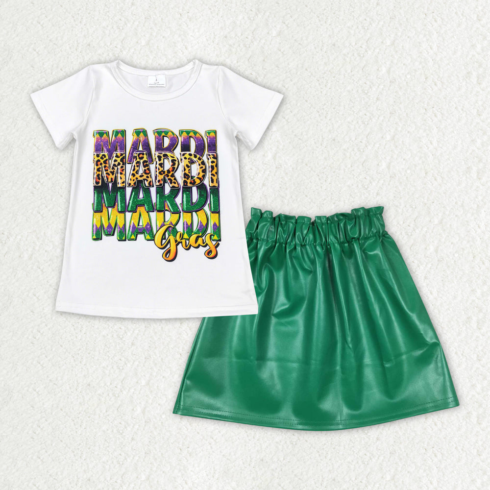 GSD1712 Mardi Gras Short Sleeve Green Leather Skirt GIrls Set