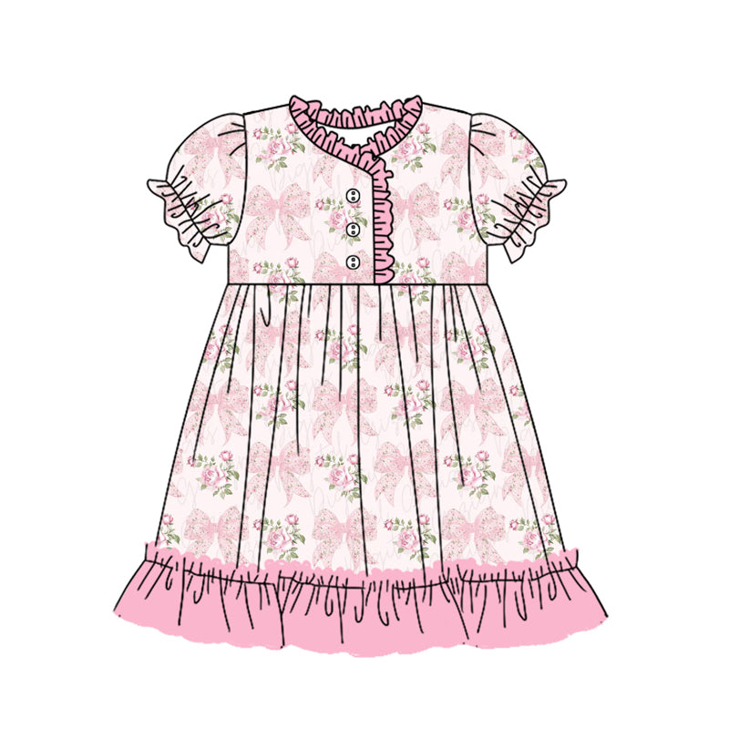 preorder GSD1713 pink bows flowers short sleeve girls dress
