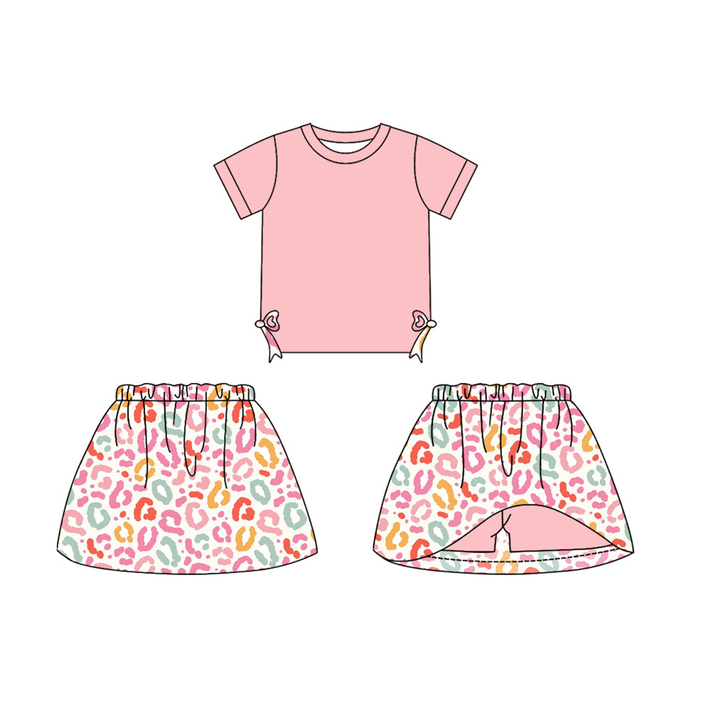 preorder GSD1720 Split Side Bows Pink Short Sleeve Leopard Skirt With Shorts Girls Set