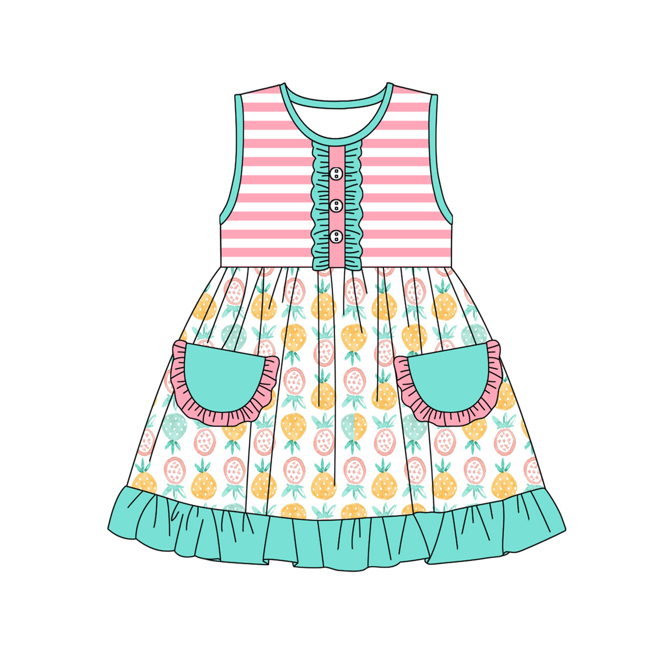 preorder GSD1724 Fruit Pineapple Pink Striped Pockets Sleeveless Teal Girls Dress