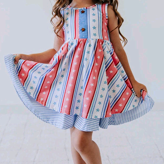preorder GSD1729 July 4th star red blue sleeveless girls dress