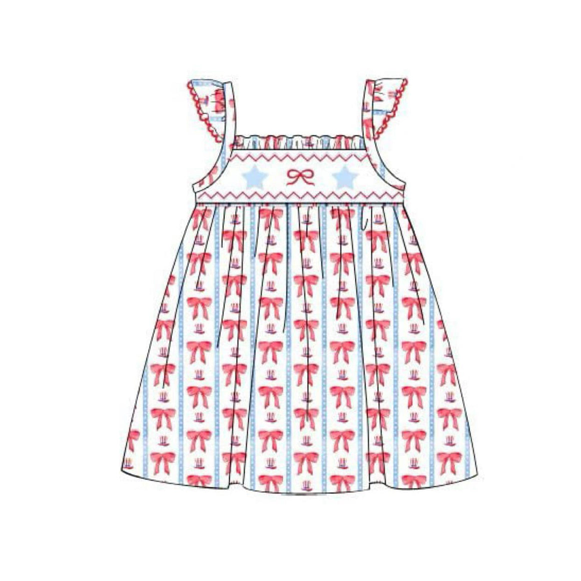 preorder GSD1741 July 4th Blue Star Red Bows Flutter Sleeve Girls Dress