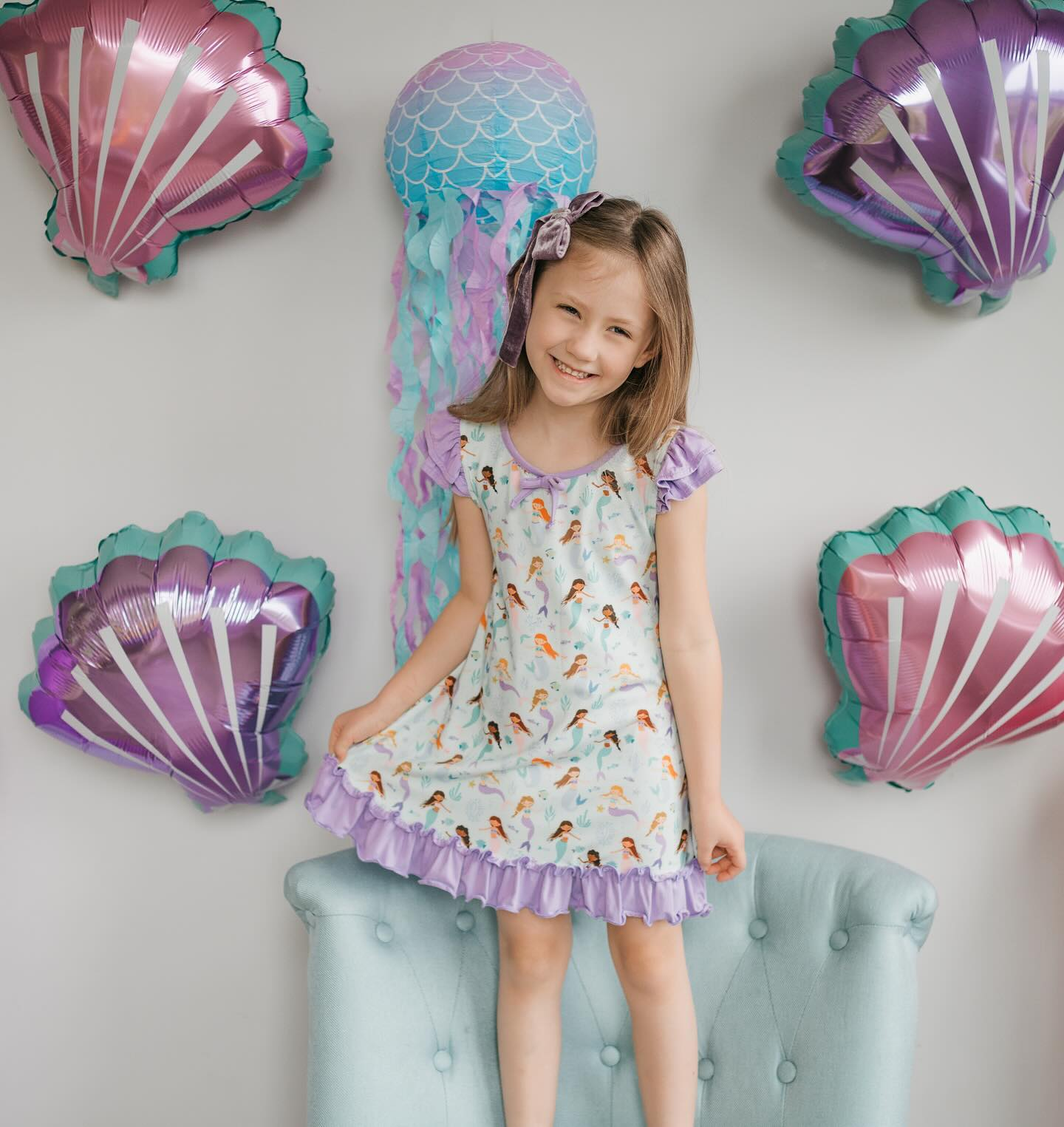 preorder GSD1747 cartoon mermaild purple flutter sleeve girls dress