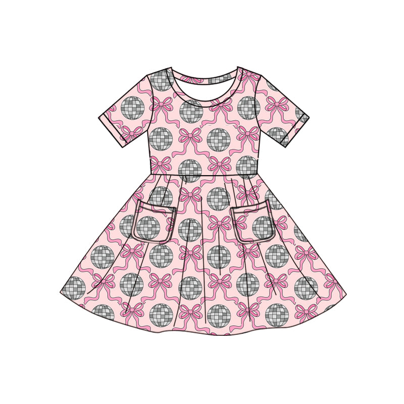 preorder GSD1761 baby girl disco ball pink bows pockets short sleeve dress