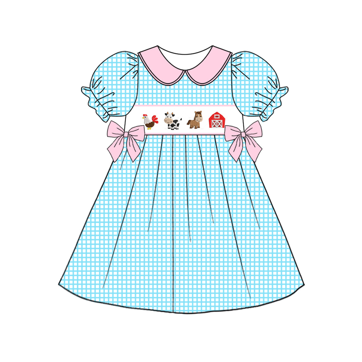 preorder GSD1777 Farm house chick cow horse blue checkered short sleeve girls dress