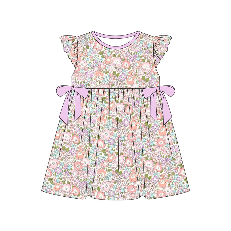 preorder GSD1783 colorful flowers purple bows flutter sleeve girls dress