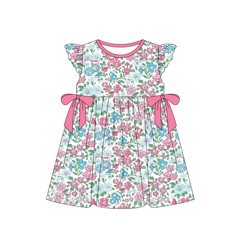 preorder GSD1784 colorful flowers hot pink bows flutter sleeve girls dress
