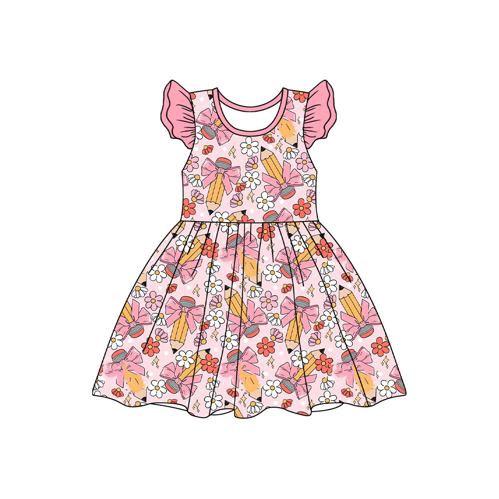 preorder GSD1786 back to school pen bows flowers pink flutter sleeve girls dress