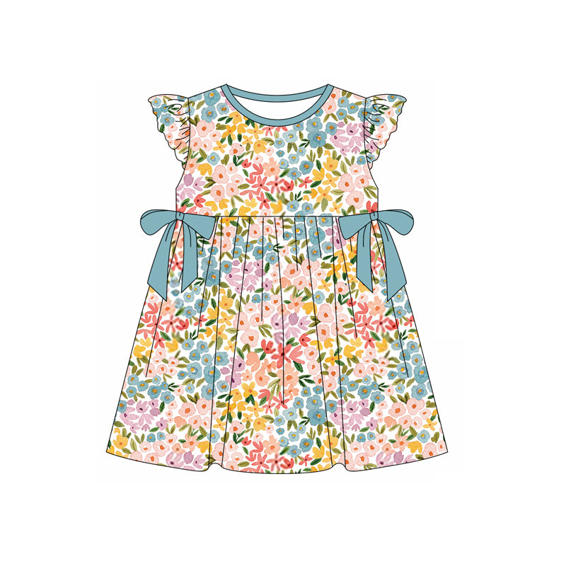 preorder GSD1787 colorful flowers blue bows flutter sleeve girls dress