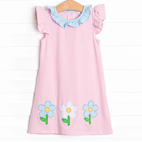 preorder GSD1788 cute flowers pink striped flutter sleeve girls dress