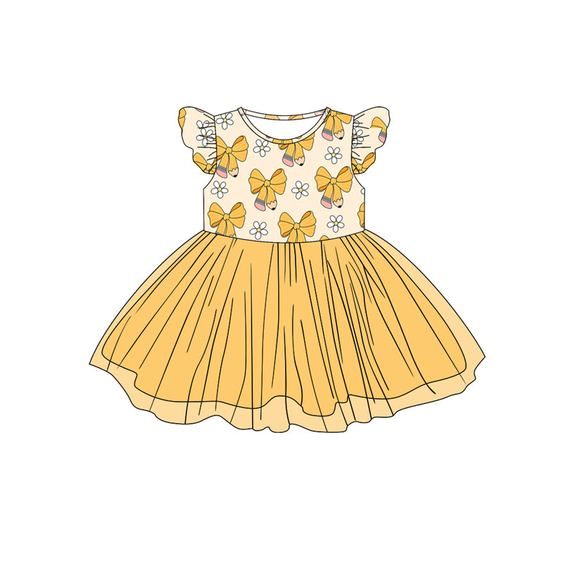 preorder GSD1794 back to school bows pen flowers yellow flutter sleeve girls tutu dress