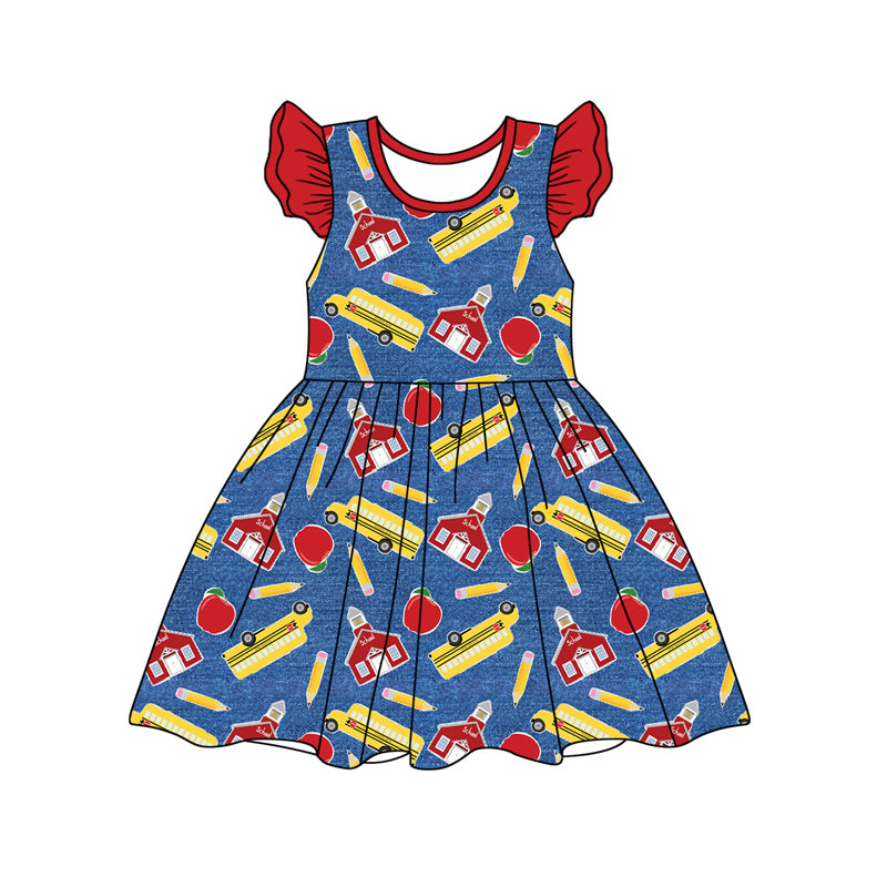 preorder GSD1795 back to school pen bus apple blue flutter sleeve girls dress