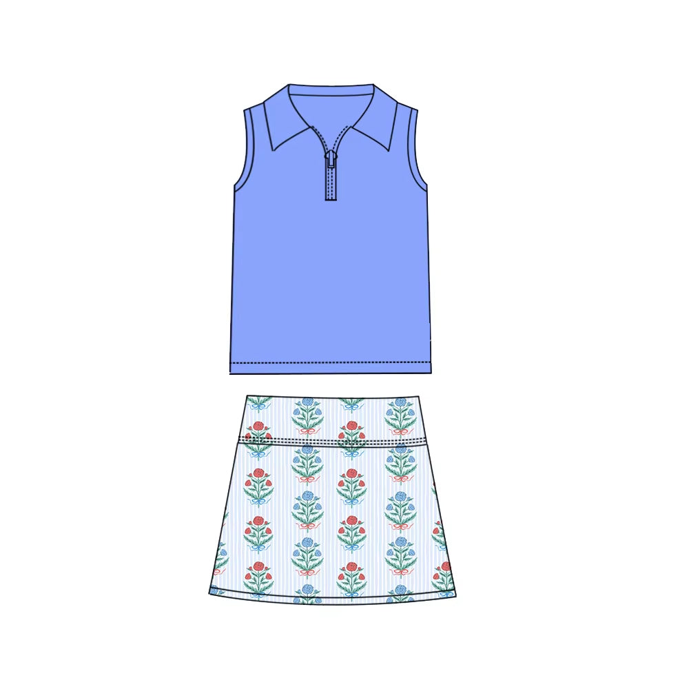 preorder GSD1800 blue zipper blue flowers skirt with shorts girls set