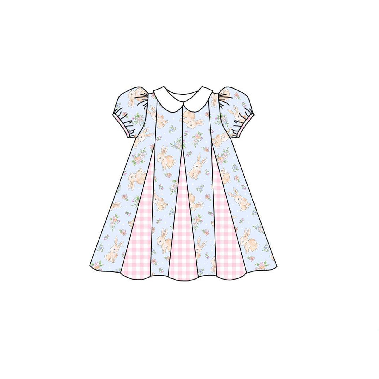 preorder GSD1814 Easter bunny rabbit pink flowers checkered short sleeve girls dress