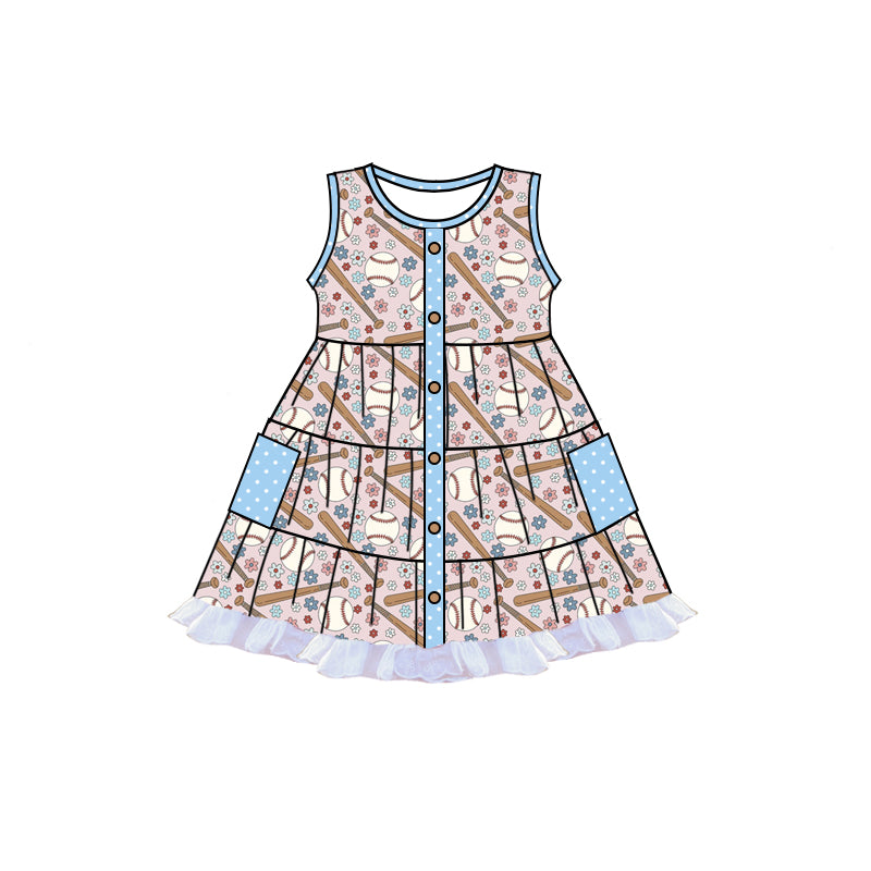 preorder GSD1830 Baseball Flowers Blue Pockets Sleeveless Girls Dress