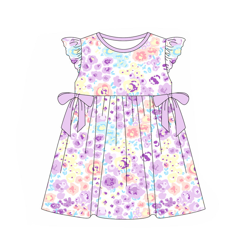 preorder GSD1831 Purple Flowers Bows Flutter Sleeve Girls Dress