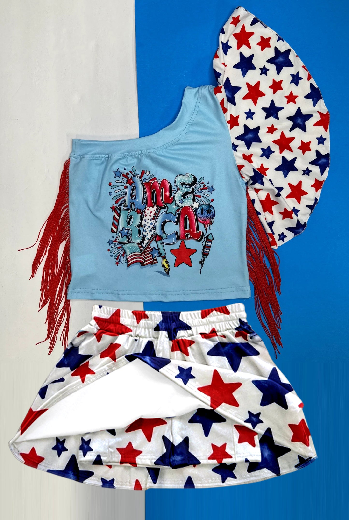 preorder GSD1836 July 4th America Tassels One-sleeve Red Blue Star Skirt With Shorts Girls Set