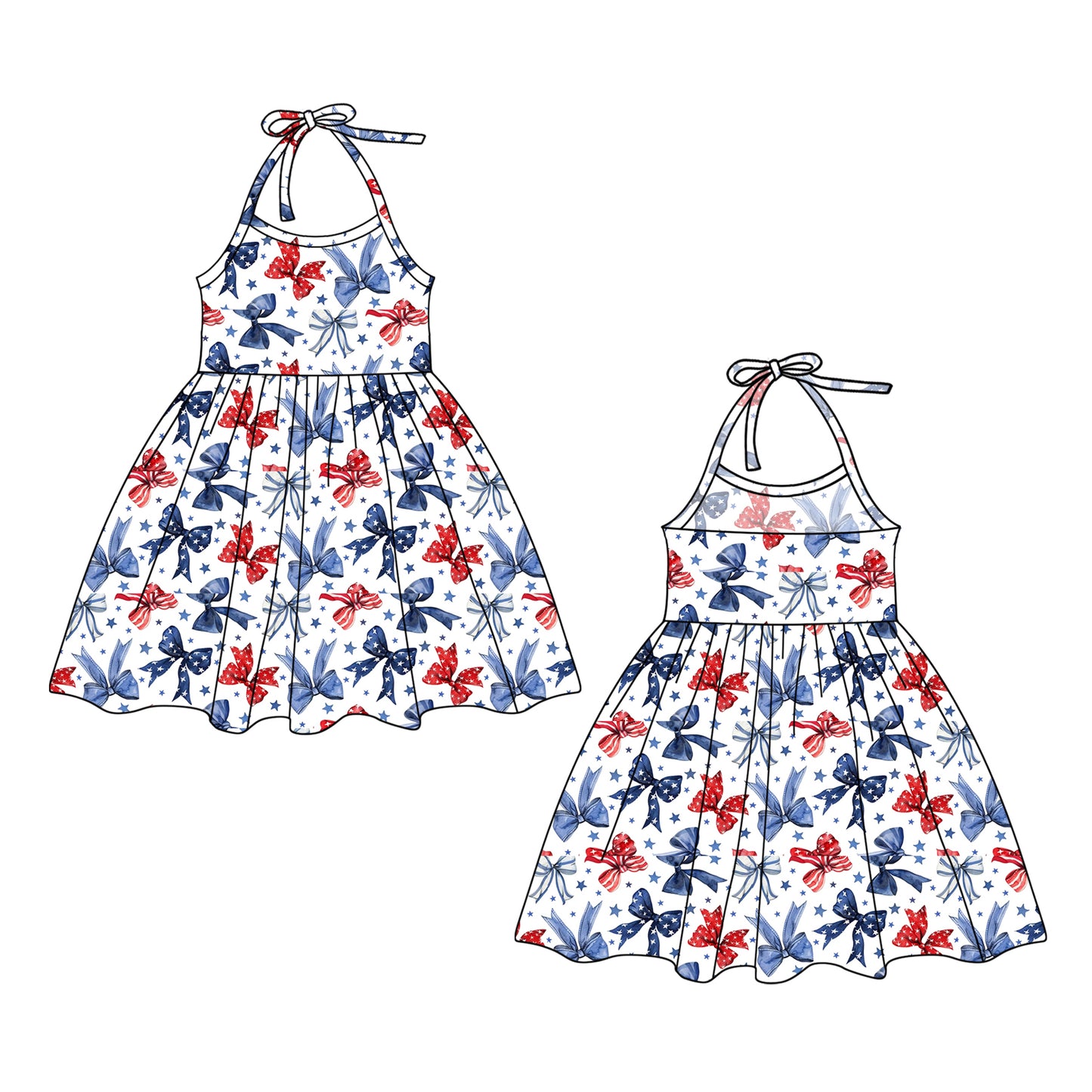 preorder GSD1837 July 4th Red Blue Bows Straps Girls Dress