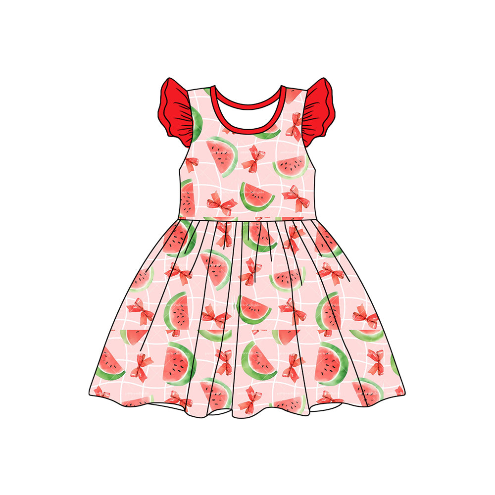 preorder GSD1841 Watermelon Bows Red Flutter Sleeve Girls Dress