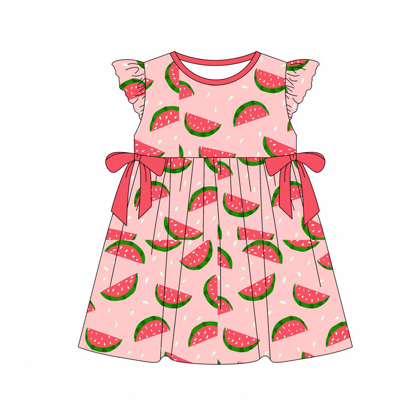 preorder GSD1850 Watermelon Pink Bows Flutter Sleeve Girls Dress