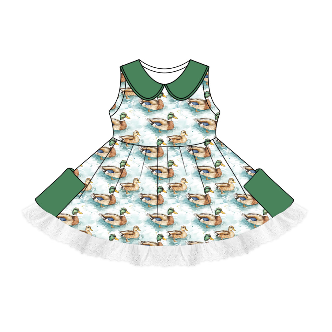 preorder GSD1851 Hunting Mallard Duck Green Pockets Sleeveless Girls Dress